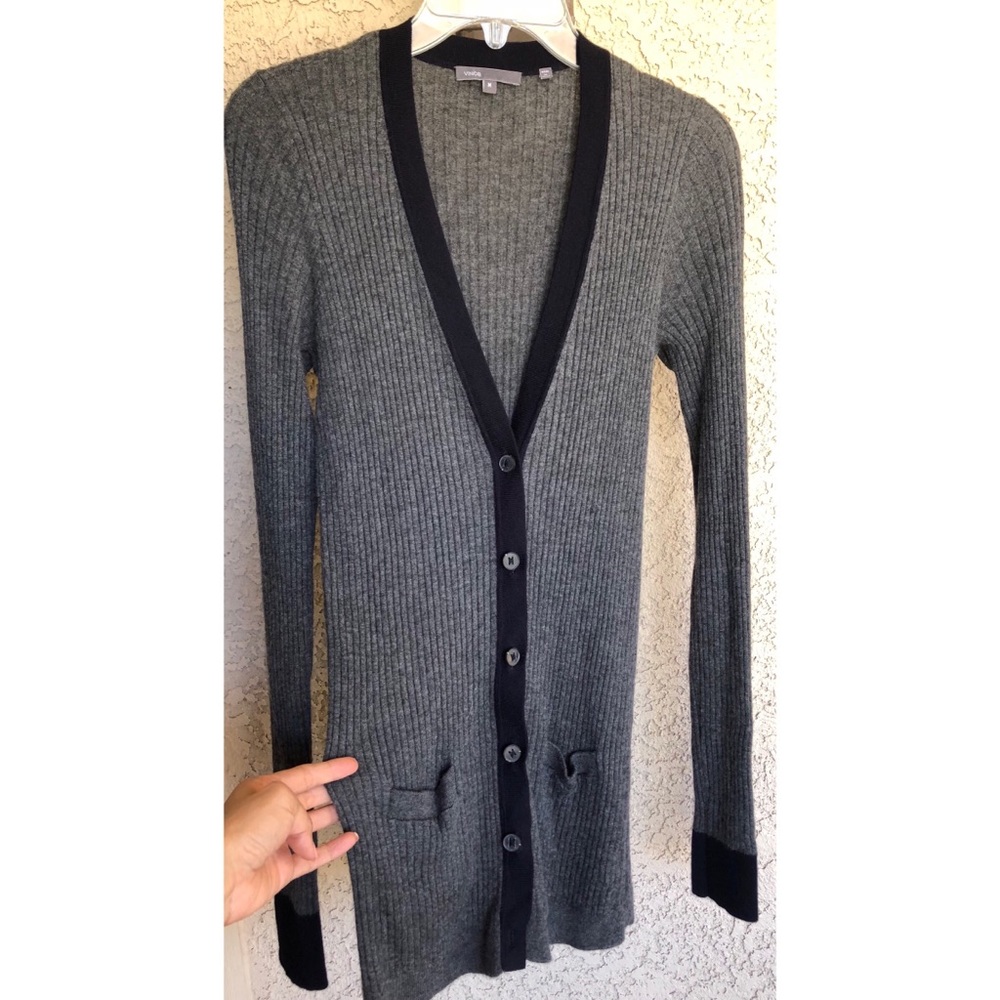 VINCE Gray & Navy 100% Cashmere Cardigan Sz M